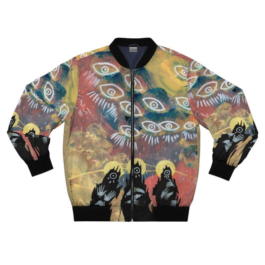 Eldritch horror-inspired bomber jacket with eye imagery