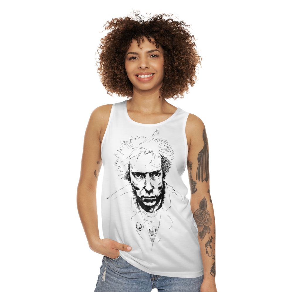 Punk rock unisex tank top with rebellious and anti-establishment design - women