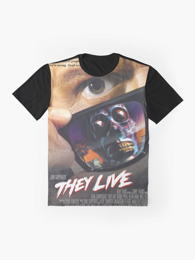 They Live! Sci-Fi Graphic T-Shirt featuring a retro movie poster style design with aliens and human figures - Flat lay