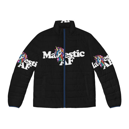 Majestic unicorn puffer jacket with retro rainbow aesthetic