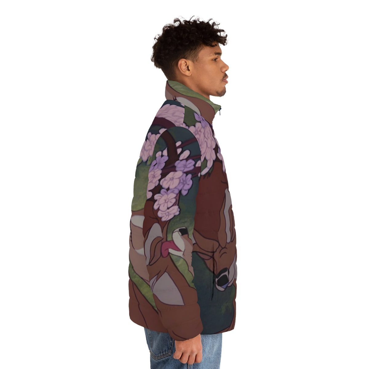 Bambi Disney inspired puffer jacket with floral and feline design - men side right