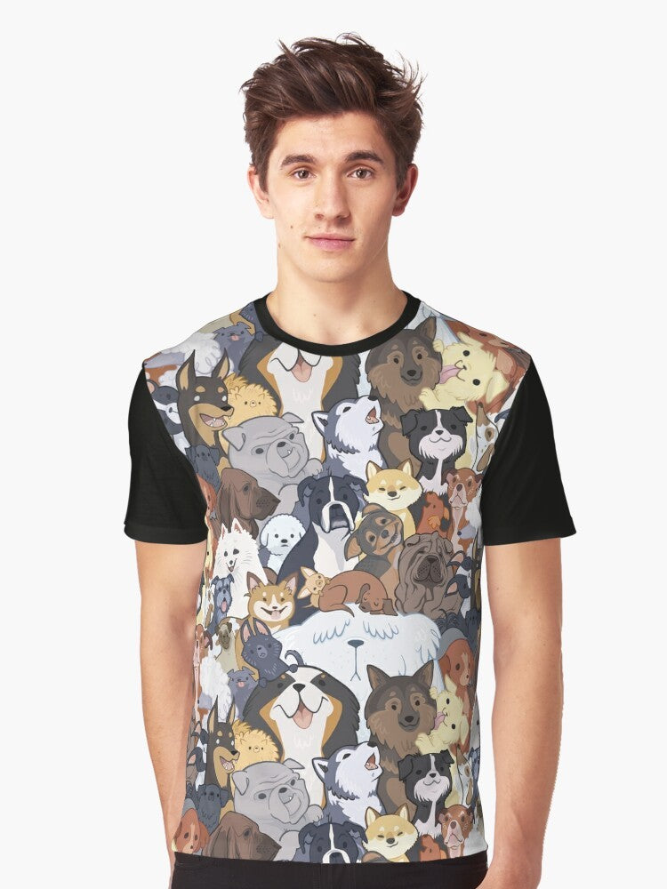 Graphic t-shirt featuring a colorful, playful design of various dog breeds, including german shepherd, golden retriever, and more, in a "pupper party" theme. - Men