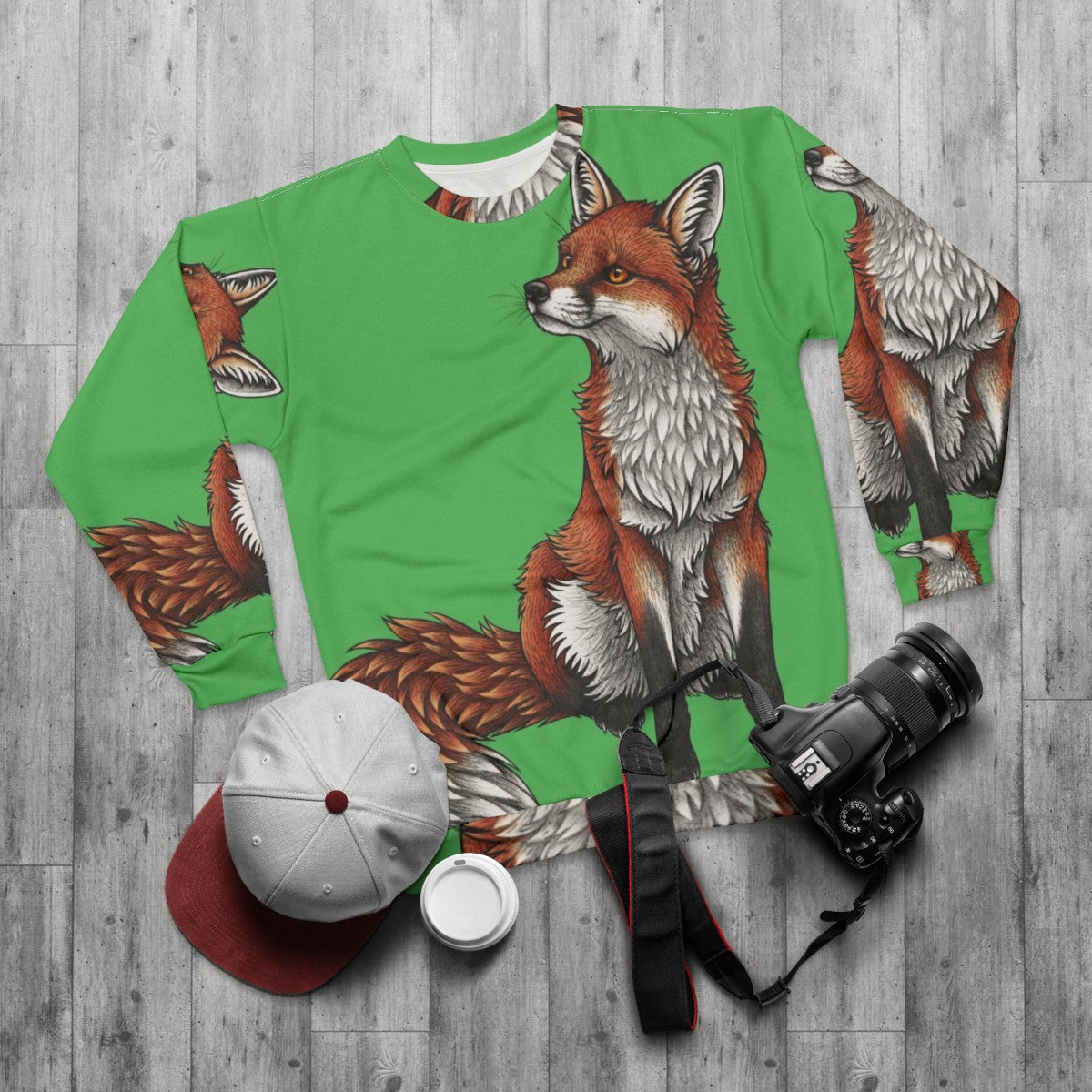 Cozy red fox sweatshirt with a cute animal design - flat lay