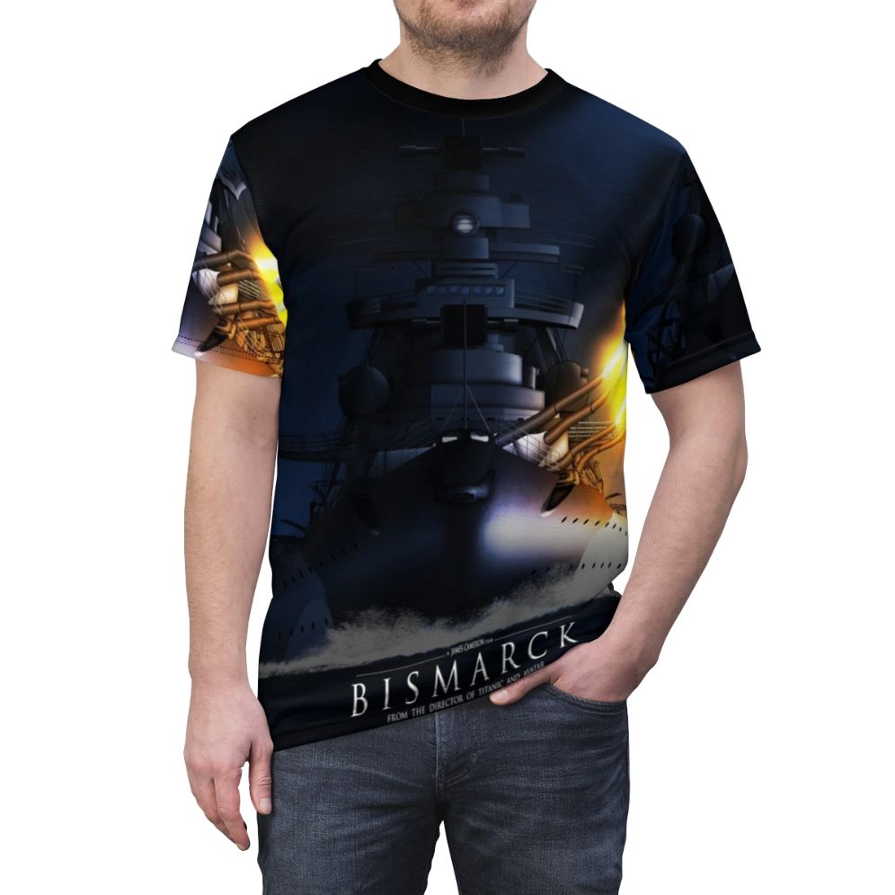 Detailed WWII battleship Bismarck artwork on a quality AOP t-shirt - men front