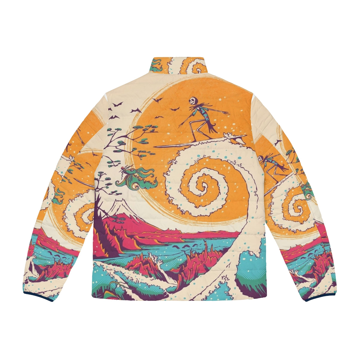 A cozy puffer jacket featuring characters and imagery from Tim Burton's "The Nightmare Before Christmas" with a surfing theme. - Back