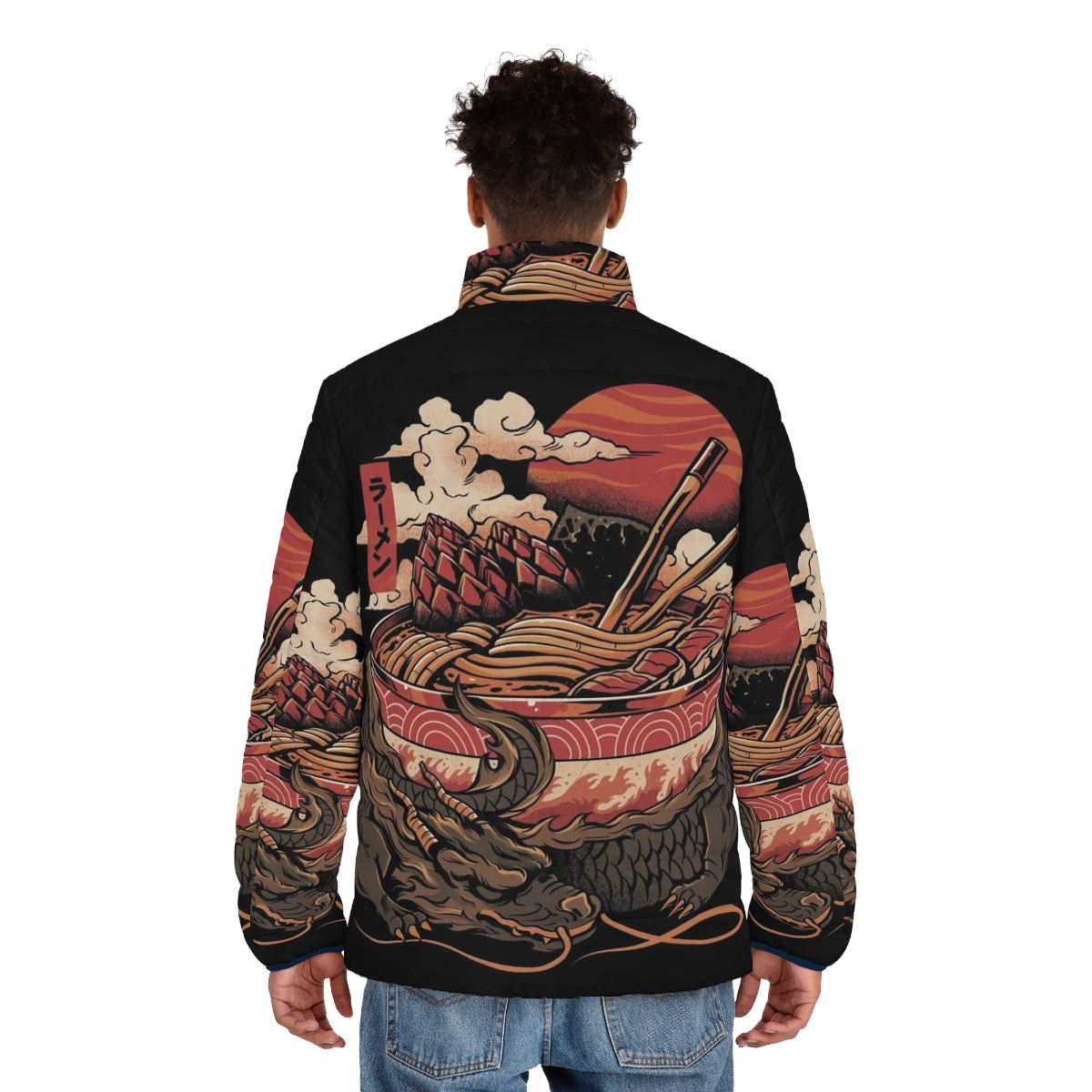 Model wearing a puffer jacket with a dragon and ramen bowl design, focus keyword: dragon ramen puffer jacket - men back