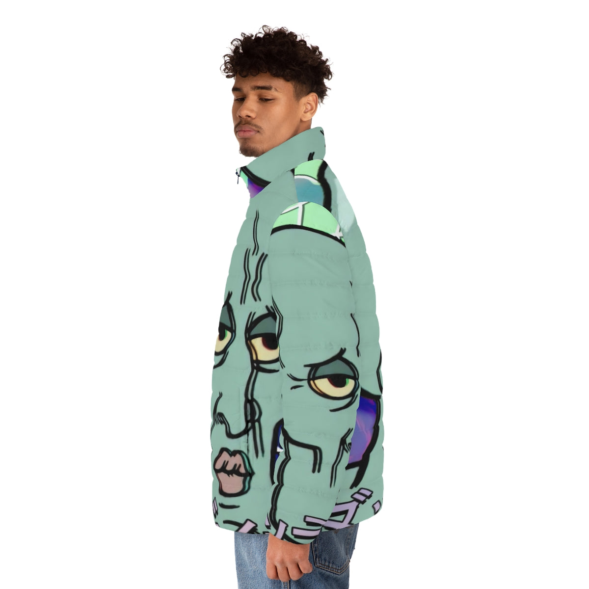 Handsome Squidward Vaporwave Aesthetic Puffer Jacket - Spongebob Squarepants inspired fashion - men side left