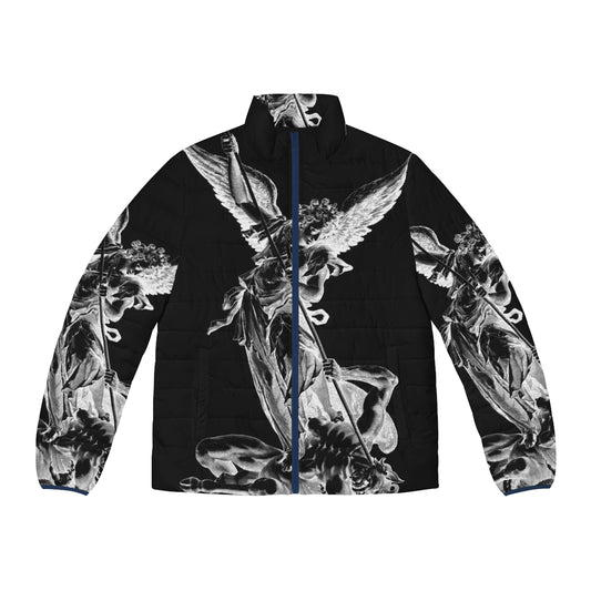 Archangel Michael puffer jacket featuring imagery of the celestial warrior conquering the devil