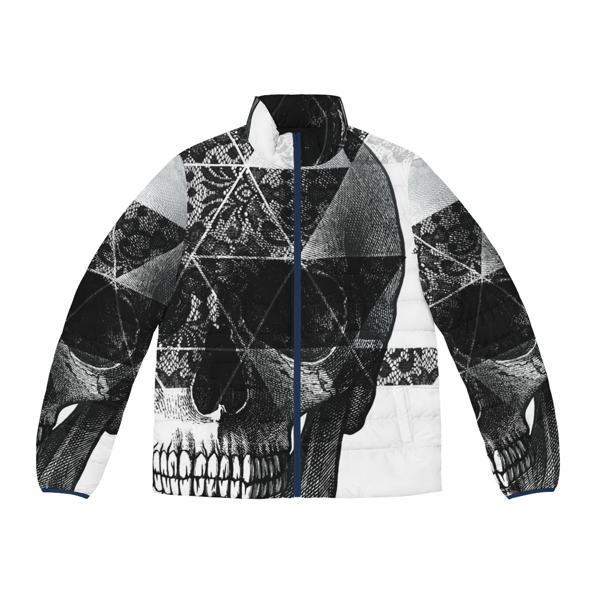 Dias De Los Geomuertos Puffer Jacket with geometric skull and triangle pattern