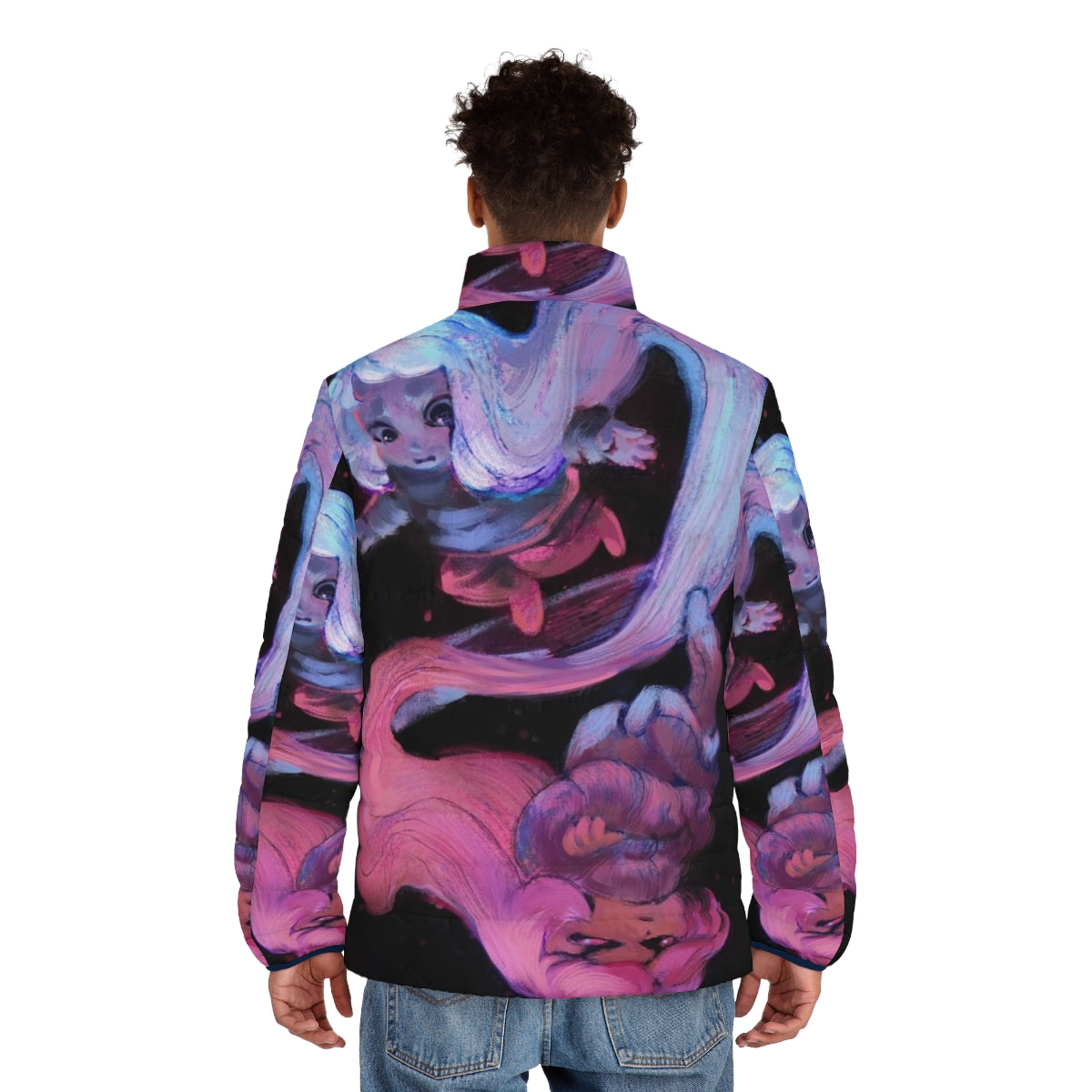 Celeste Puffer Jacket featuring the iconic character Madeline in a space-themed design - men back