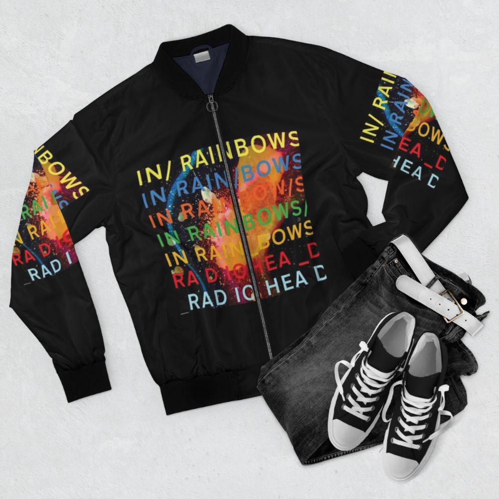 In Rainbows HQ Bomber Jacket with Rainbows and Music Inspired Graphics - Flat lay