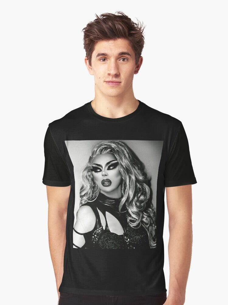 An Icesis Couture graphic t-shirt featuring a bold design with the drag queen Jujubee from RuPaul's Drag Race. - Men