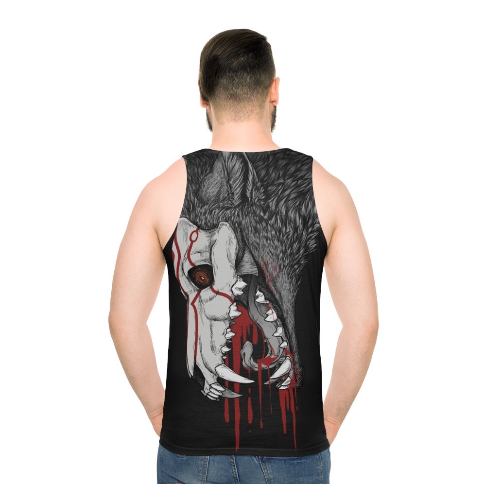 Black unisex tank top with horror graphic design - men back