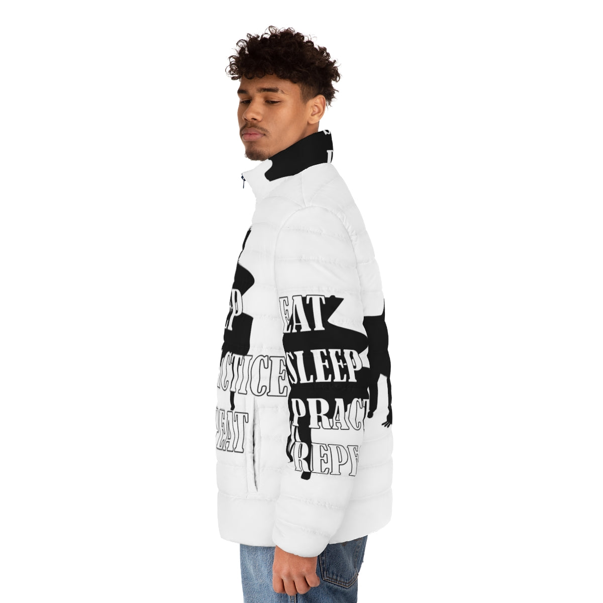 Piano puffer jacket with the words "Eat Sleep Practice Repeat" for music enthusiasts - men side left