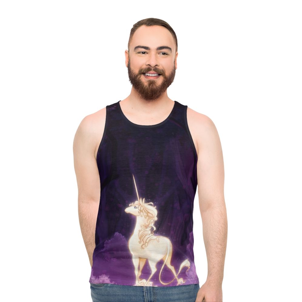 Unisex tank top with a unicorn in a lilac woodland design - men