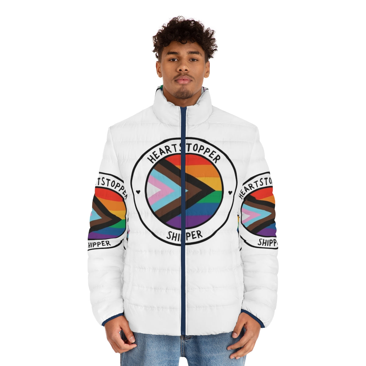 Heartstopper LGBTQ+ Pride Puffer Jacket with Vibrant Flag Design - men front