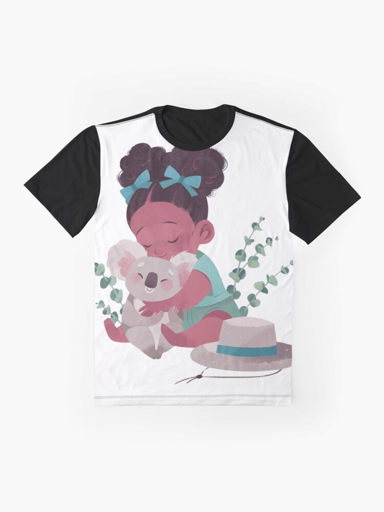 Cute graphic of a koala bear hugging on a t-shirt - Flat lay