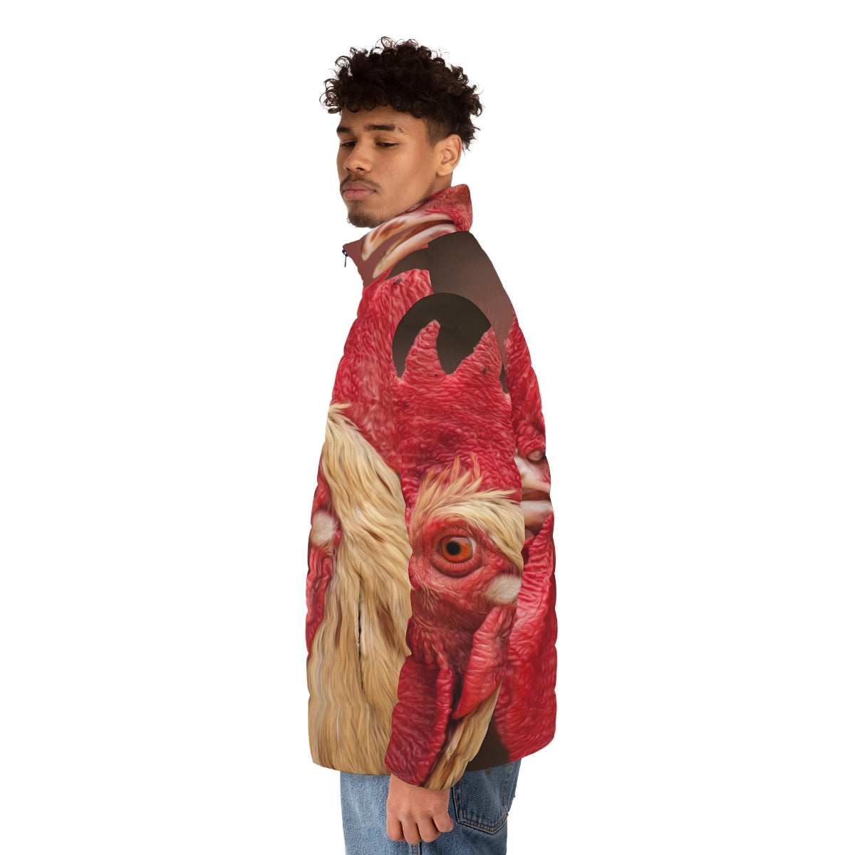 Rooster chicken puffer jacket in red with farm animal designs - men side left