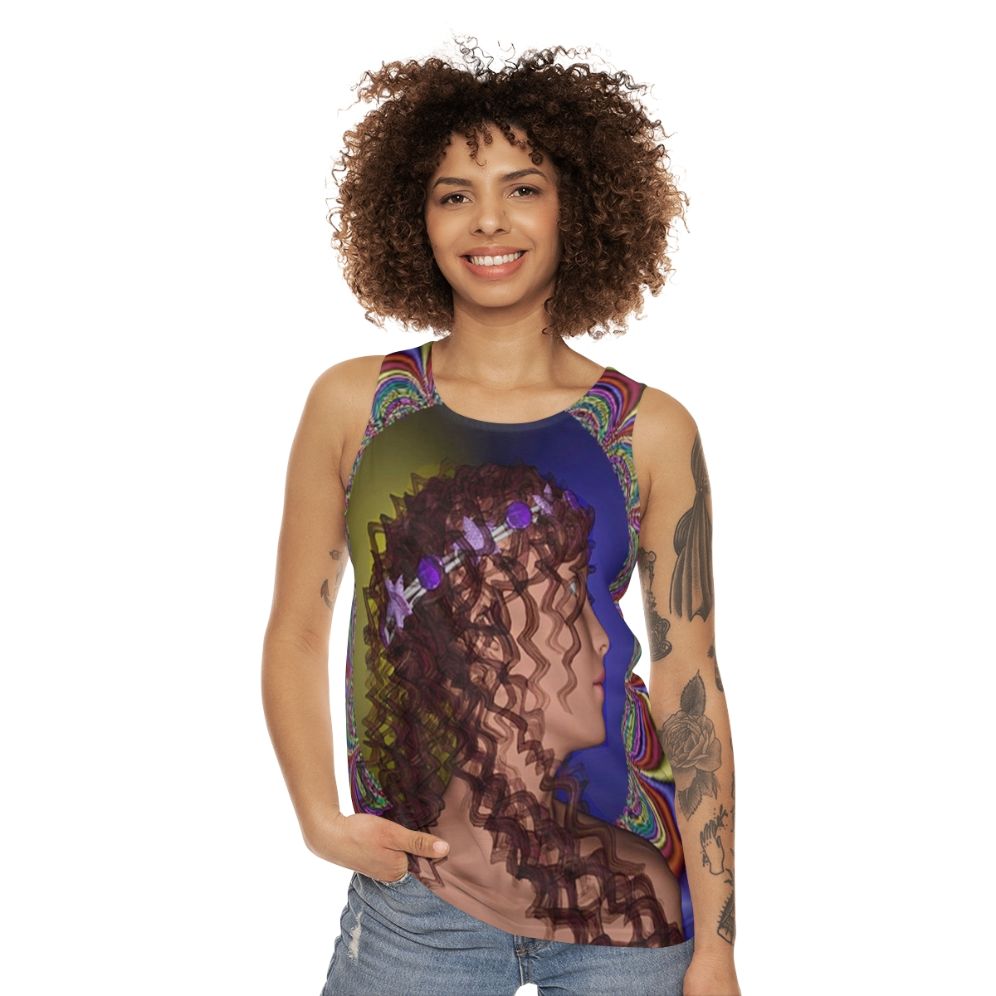 Romantic unisex tank top with nature-inspired psychedelic design - women