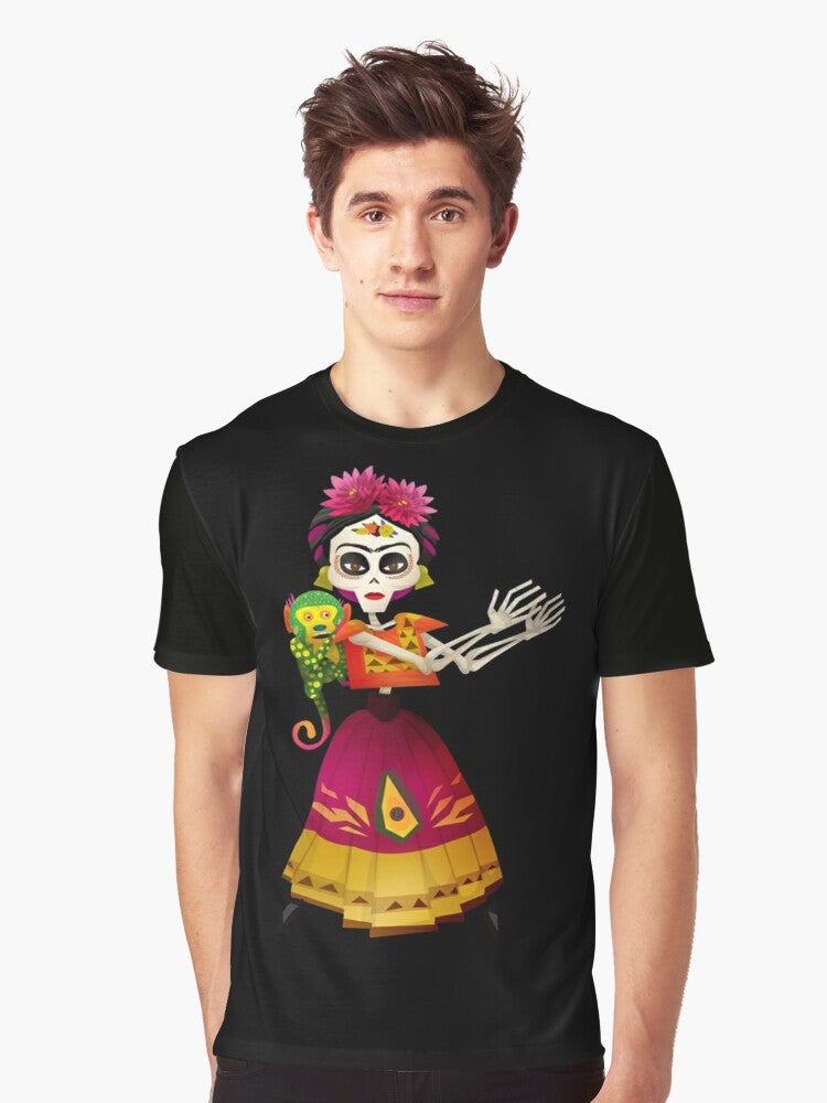 Frida Kahlo Graphic T-Shirt featuring Mexican cultural elements like skeletons, guitars, and Dia de los Muertos imagery - Men