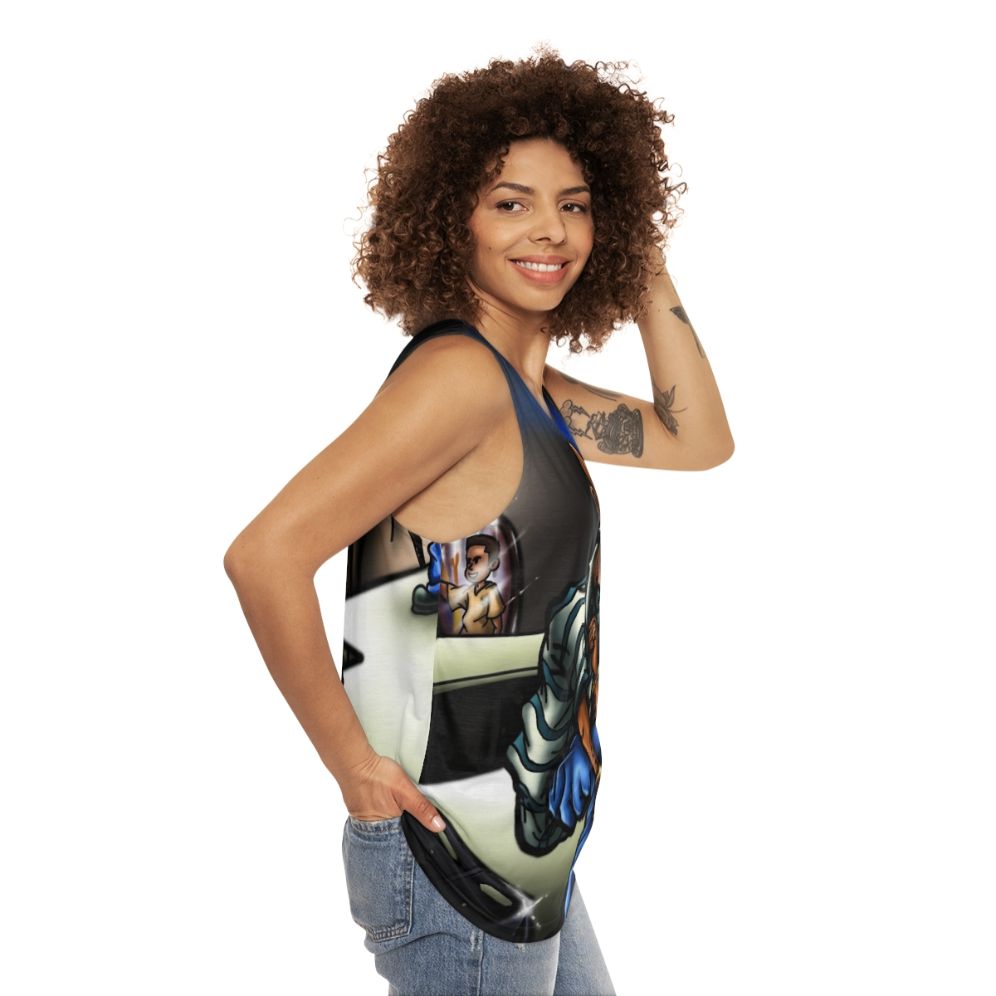 Unisex graphic tank top with airbrush anime-inspired caricatures - women side