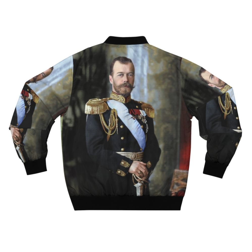 Tsar Nicholas II of Russia portrait printed on a black bomber jacket - Back