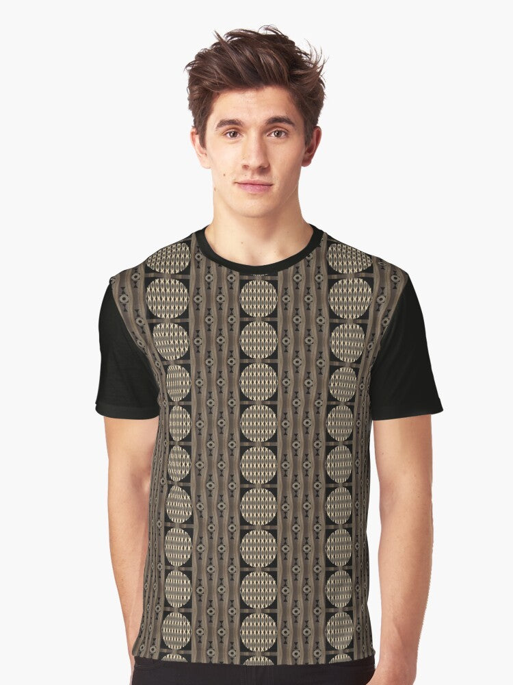 Primal patterns graphic t-shirt in gold, brown, and black colors designed by Helena Tiainen - Men