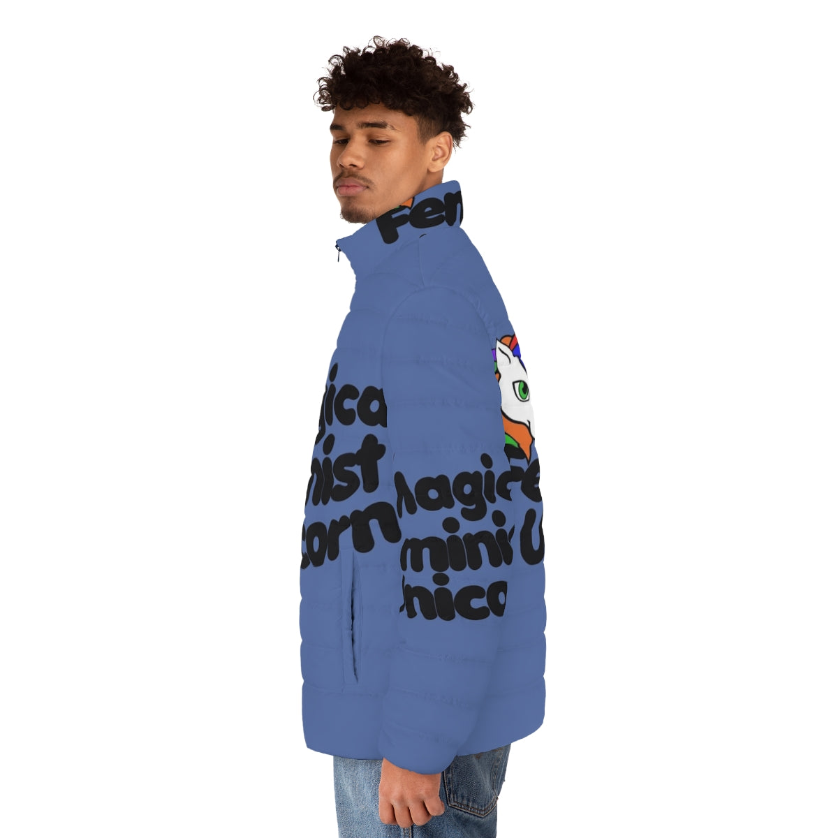 A colorful and whimsical puffer jacket featuring a magical unicorn design - men side left