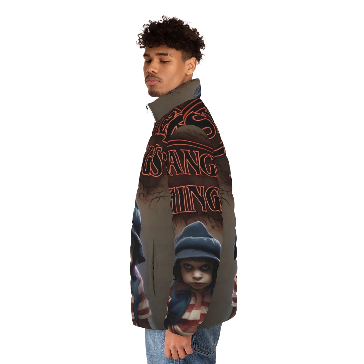 "Stranger Things Eleven Puffer Jacket featuring sci-fi inspired design" - men side left