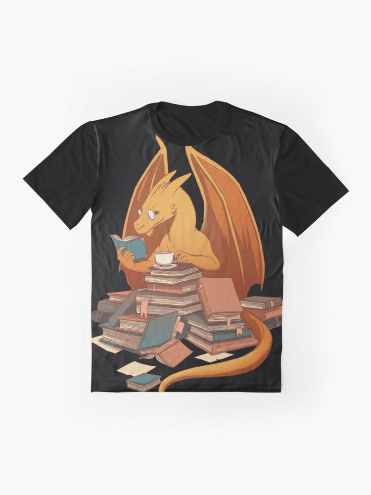 A graphic t-shirt featuring a dragon hoard of books, representing the love of literature and the life of a librarian. - Flat lay