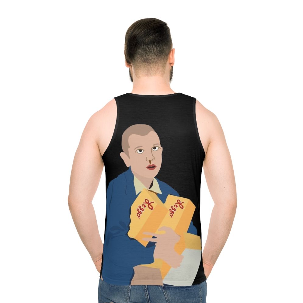 Eleven from Stranger Things fan art design on a unisex tank top - men back