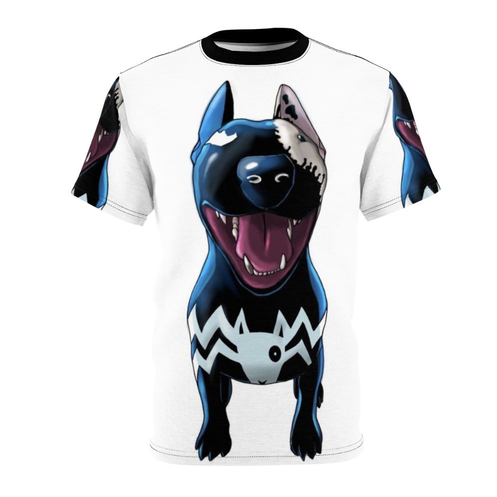 Monochrome graphic t-shirt featuring a superhero and supervillain bull terrier dog in a comic book style design.