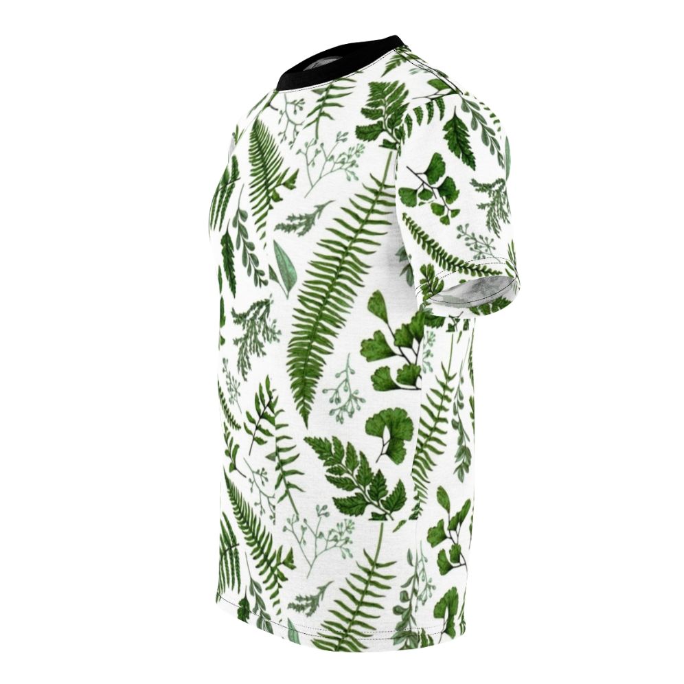 Vibrant green ferns and leaves adorning a high-quality t-shirt for nature enthusiasts. - men left