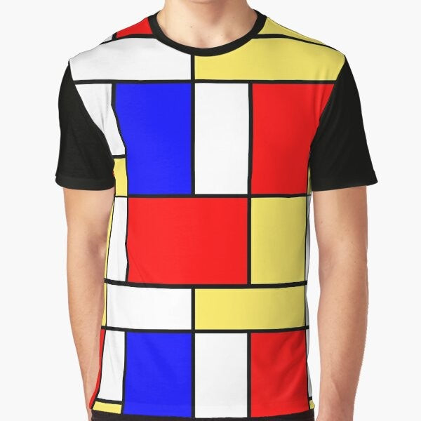 Mod 60s Mondrian Style Graphic T-Shirt with abstract minimalist Mondrian pattern in yellow, blue, red, white, and black