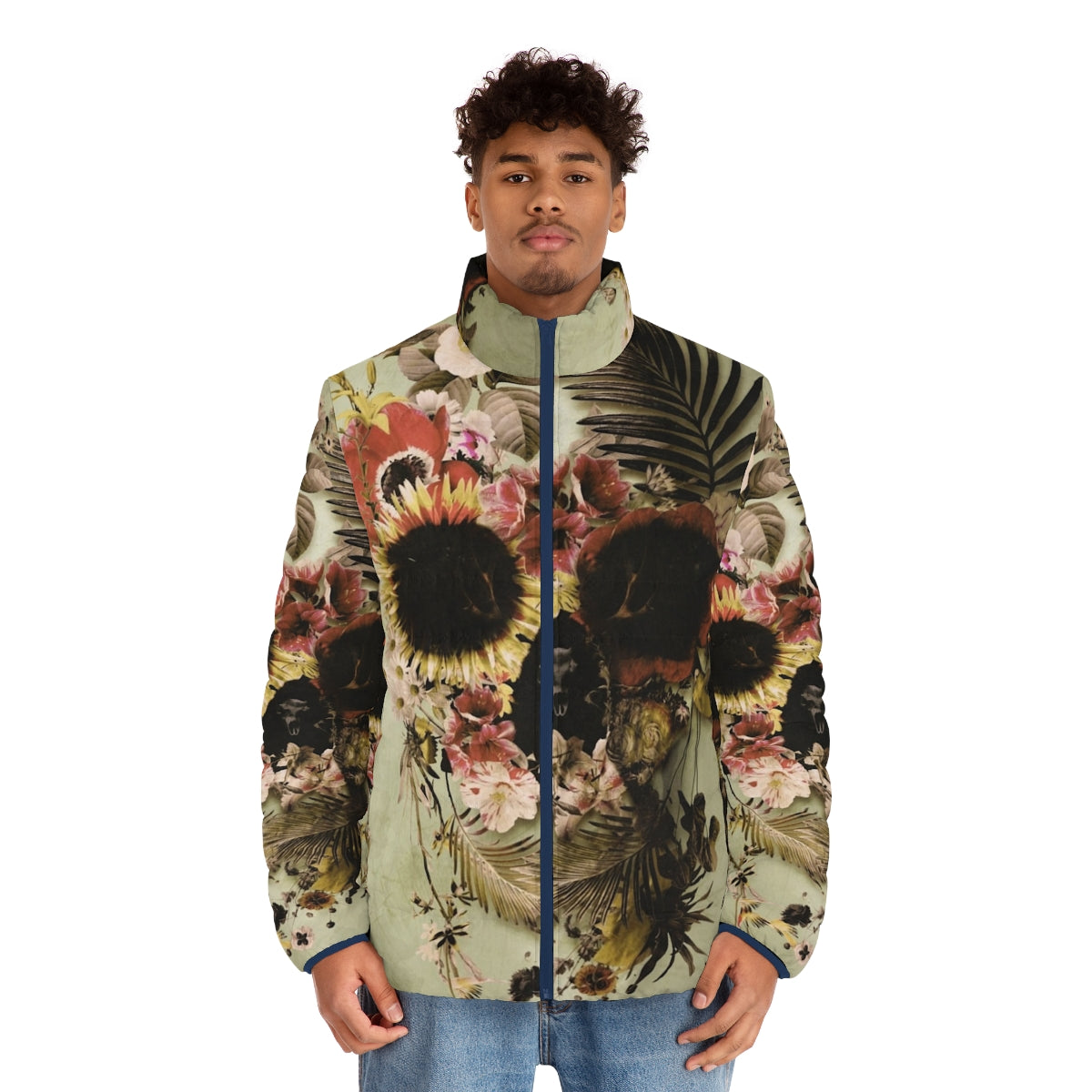 Garden Skull Light Puffer Jacket featuring floral skull art design - men front