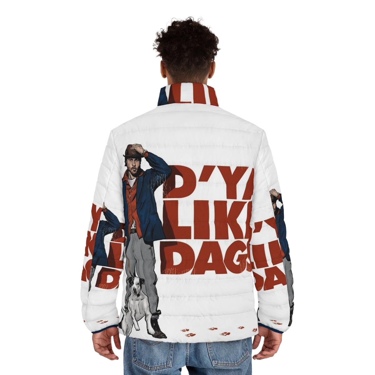 A 'D Ya Like Dags' puffer jacket inspired by the cult classic movie Snatch - men back