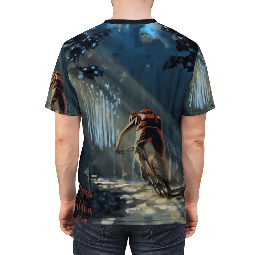 A stylized t-shirt design featuring a mountain biker riding through a forested landscape - men back