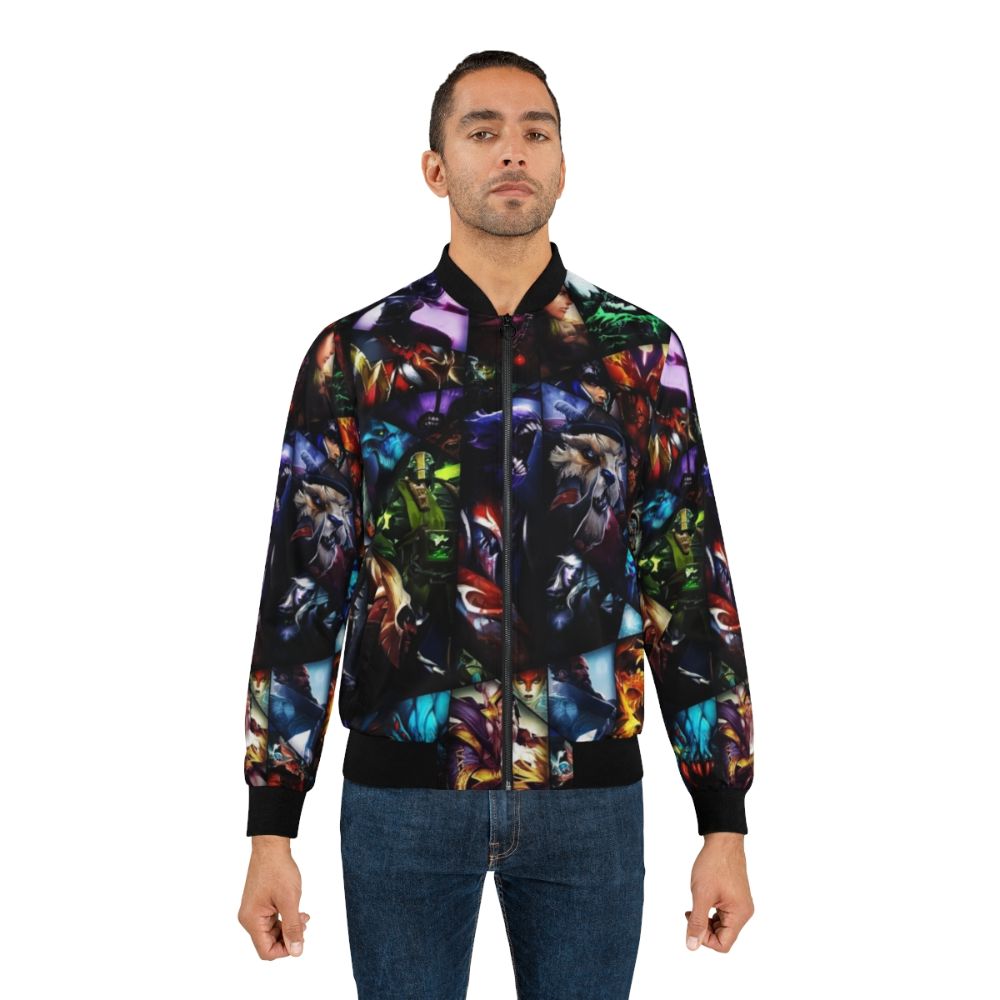 Dota 2 gaming bomber jacket with 'BOOOOOM' graphic design, featuring Dota 2 heroes and characters. - Lifestyle