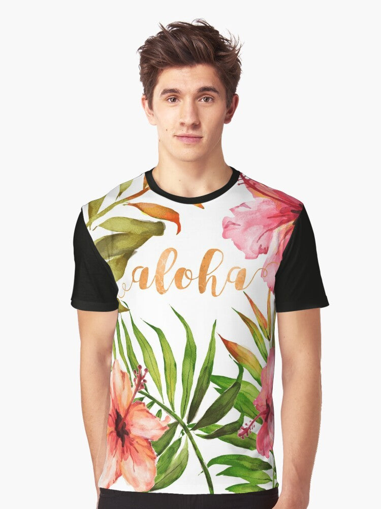 Tropical Hawaiian floral watercolor graphic t-shirt with palm leaves, flowers, and typography - Men