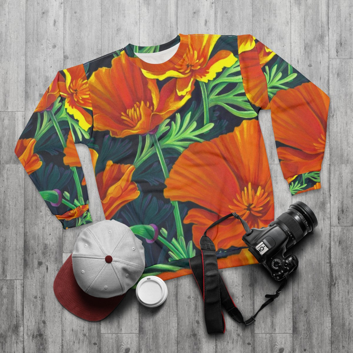 California poppies floral sweatshirt - flat lay