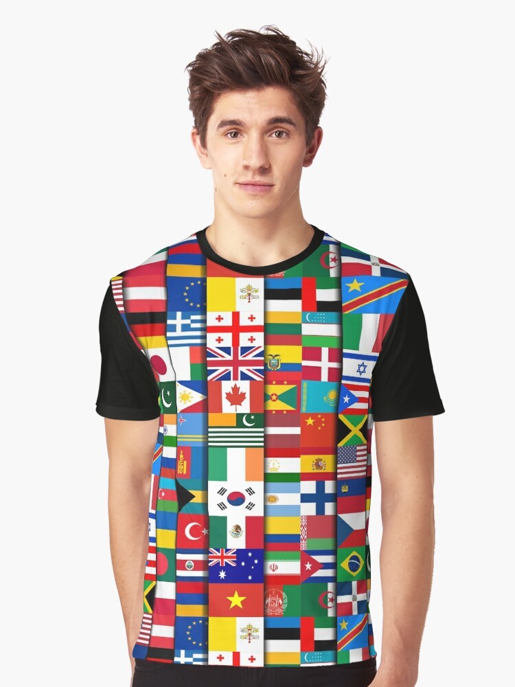 60 World Flags Graphic T-Shirt for Geography Students and Enthusiasts - Men