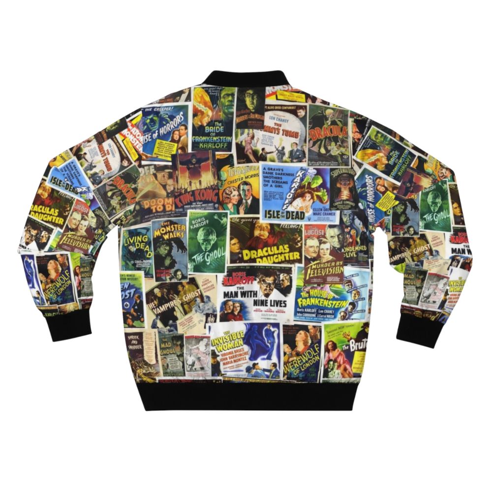 Vintage horror bomber jacket featuring classic movie monsters like Dracula, Frankenstein, and more. - Back