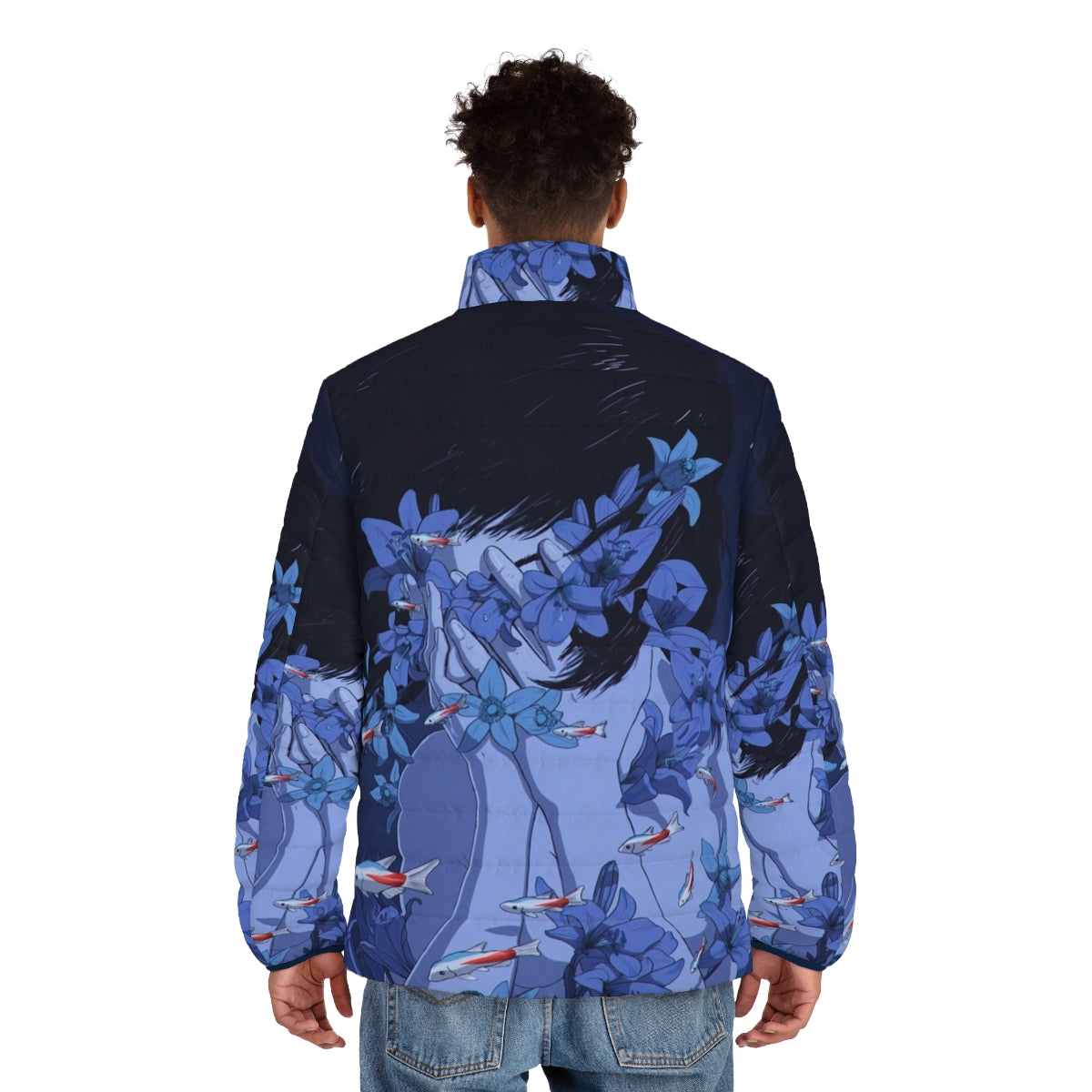 Blue puffer jacket with anime-inspired design - men back