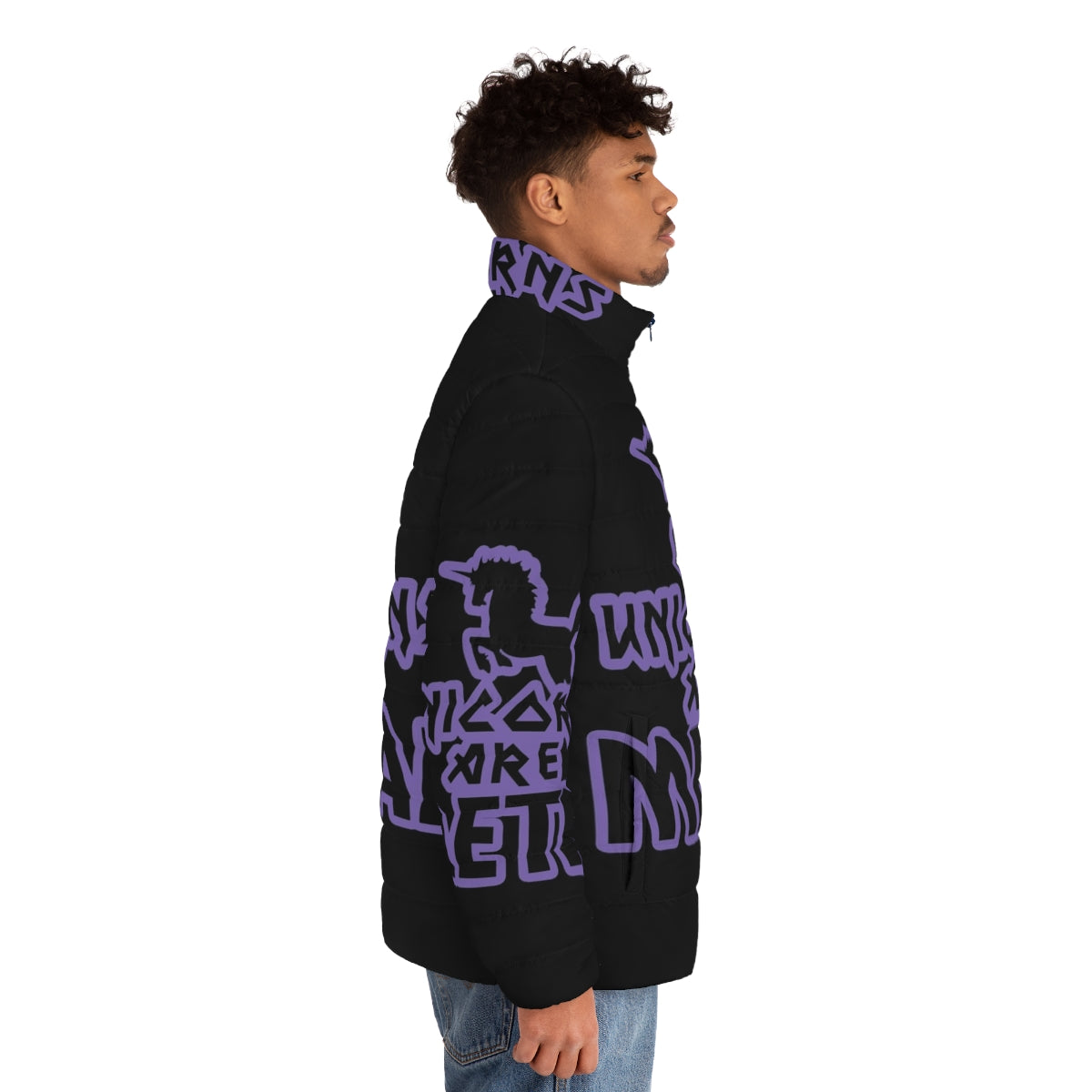 Unicorns Metal Puffer Jacket featuring a metallic purple design and heavy metal-inspired graphics - men side right