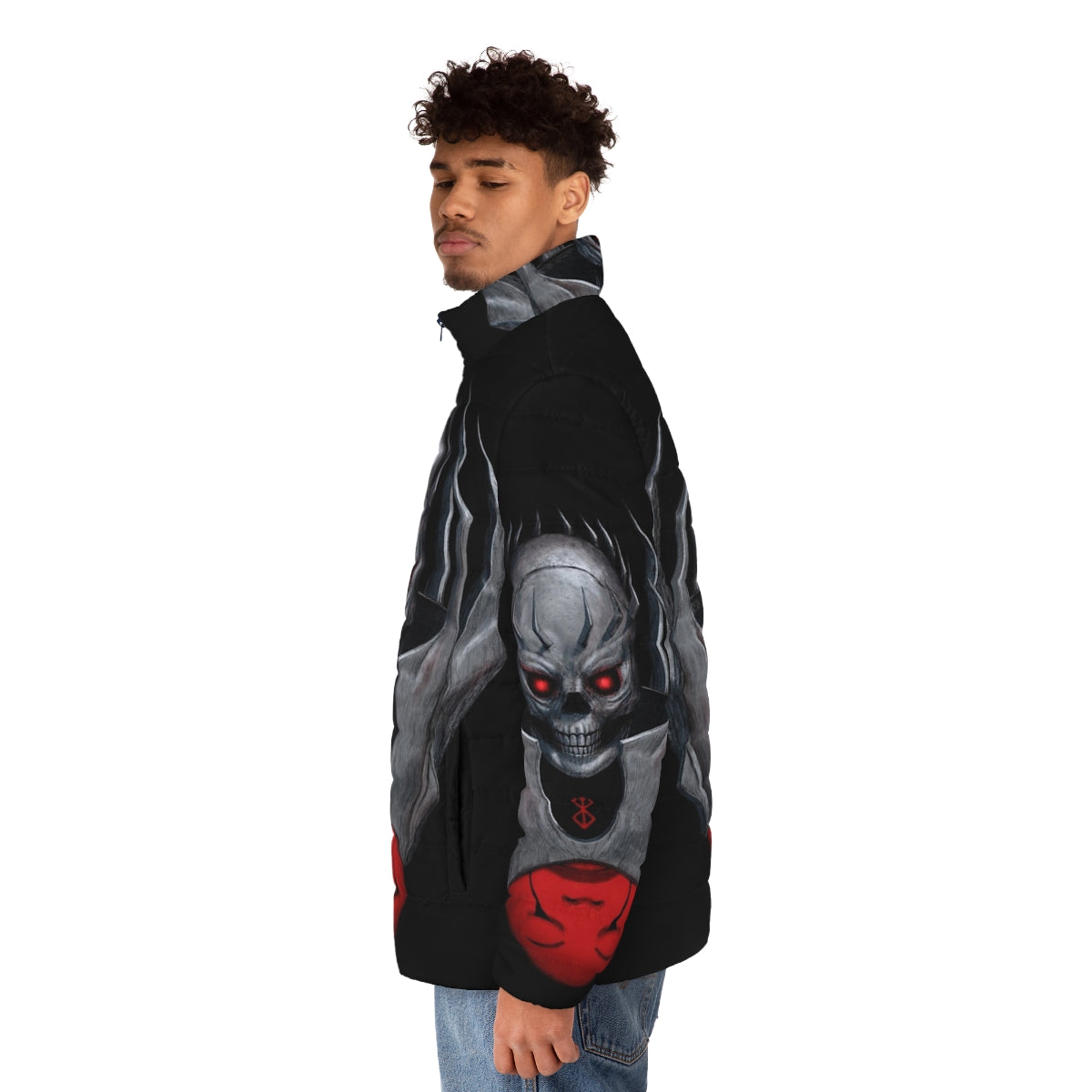 Skull Knight Puffer Jacket featuring a gothic and edgy design - men side left