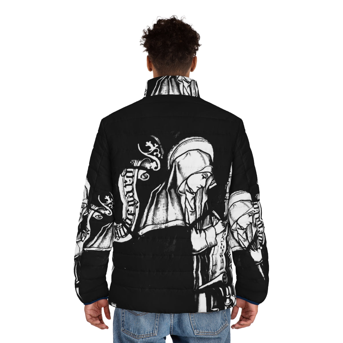 Hildegard Von Bingen medieval puffer jacket with baroque music and classical composer design - men back