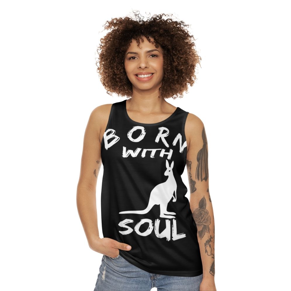 Unisex tank top with "Born With Kangaroo Soul" graphic - women