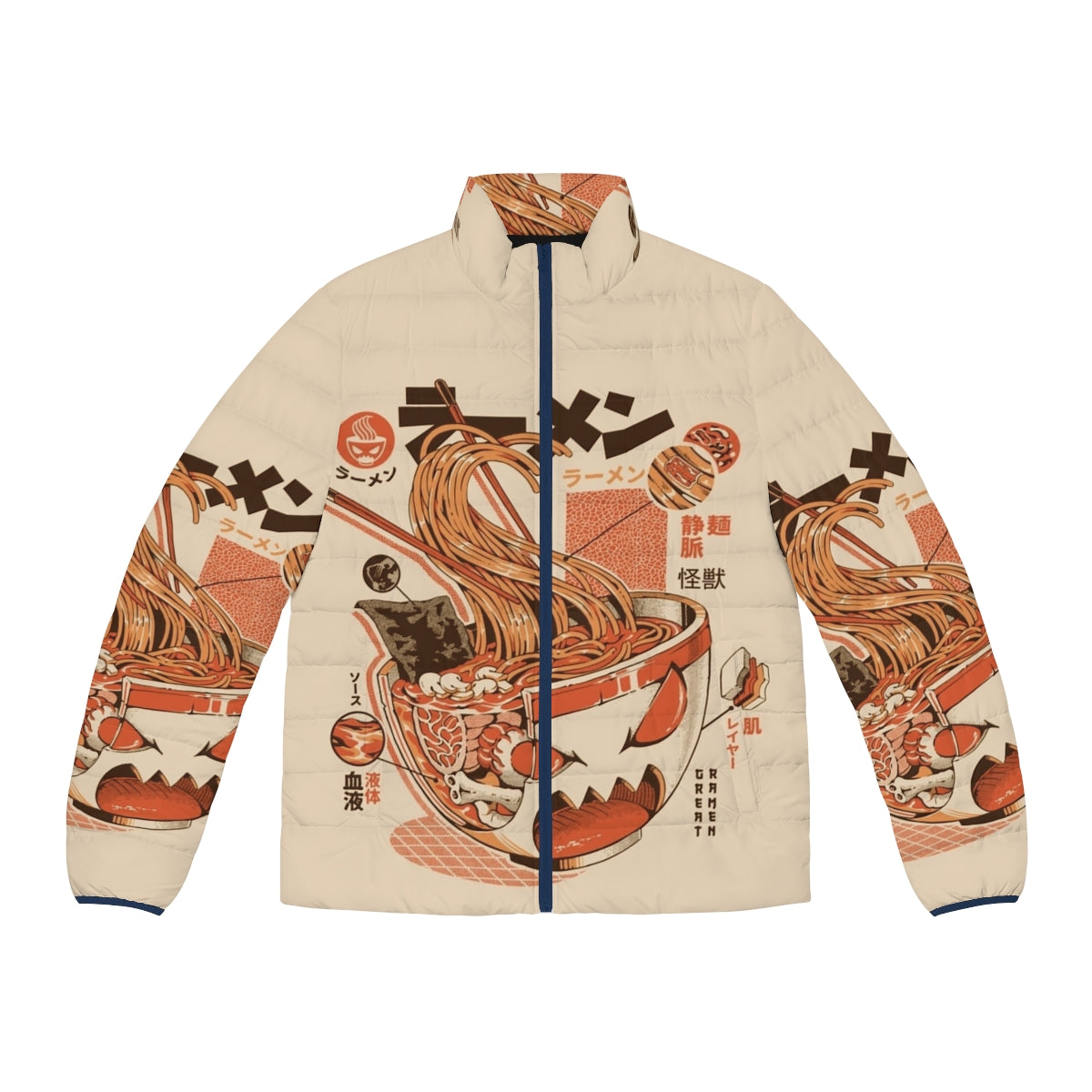 X-ray puffer jacket with ramen and kaiju monster design