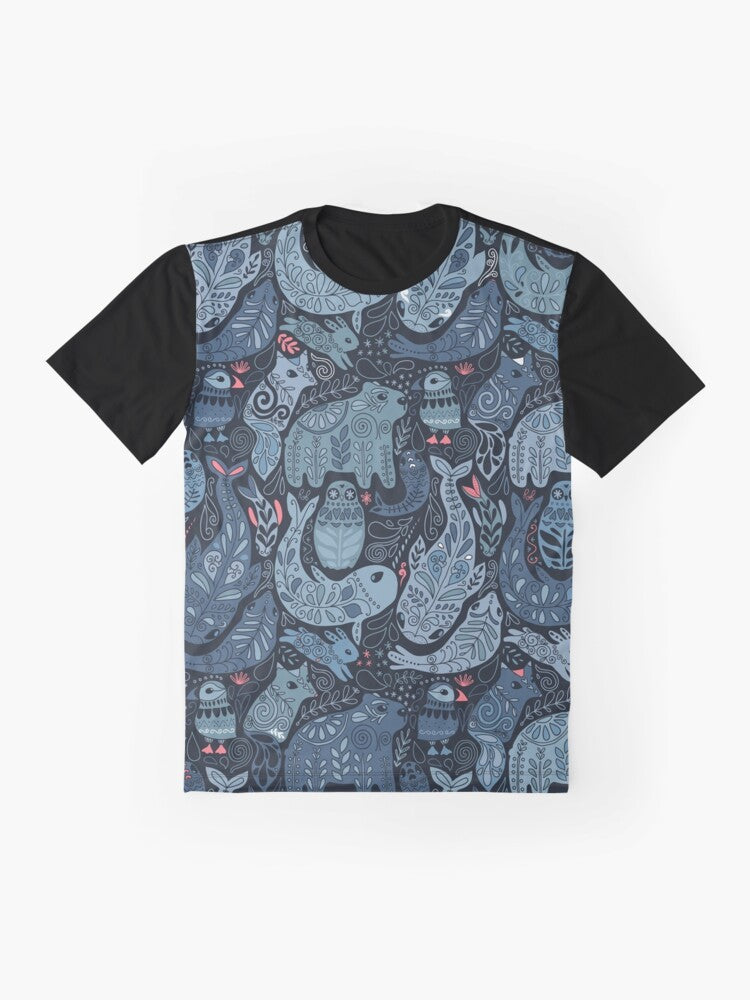 Colorful graphic t-shirt design featuring cute arctic animals like narwhal, polar bear, and whale. - Flat lay