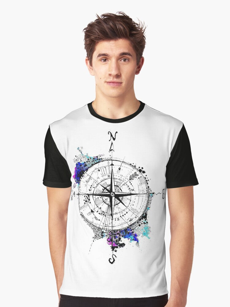 "Not All Those Who Wander Are Lost" graphic t-shirt design with a watercolor compass, sketch, and wanderlust theme - Men